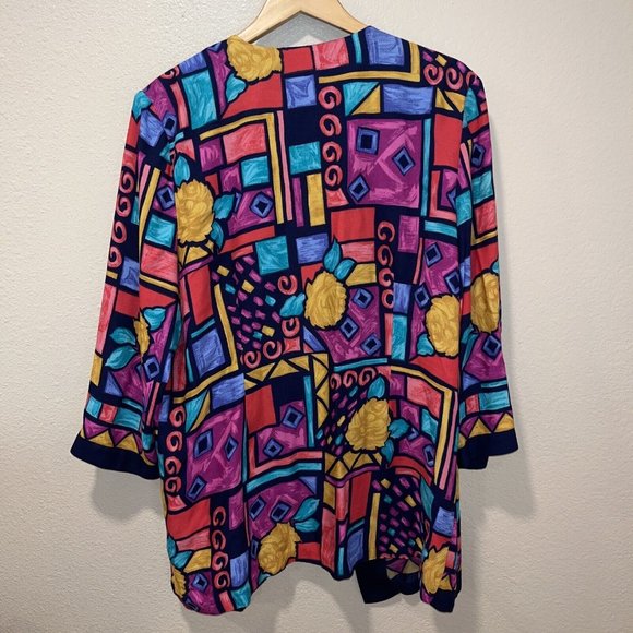 VTG 80’s Colorful Geo Pattern Open Cardigan 3/4 Sleeve Size 16 Petite Made USA - Picture 5 of 7